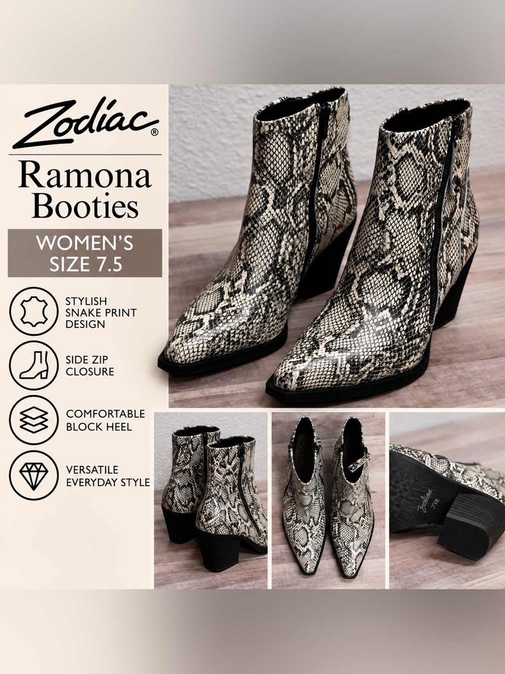 Zodiac Ramona Snakeskin Leather Ankle Booties Women’s 7.5 Black White NWOT